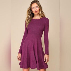 Lulus Fit and Fair Mauve Ribbed Knit Long Sleeve Skater Dress Size S